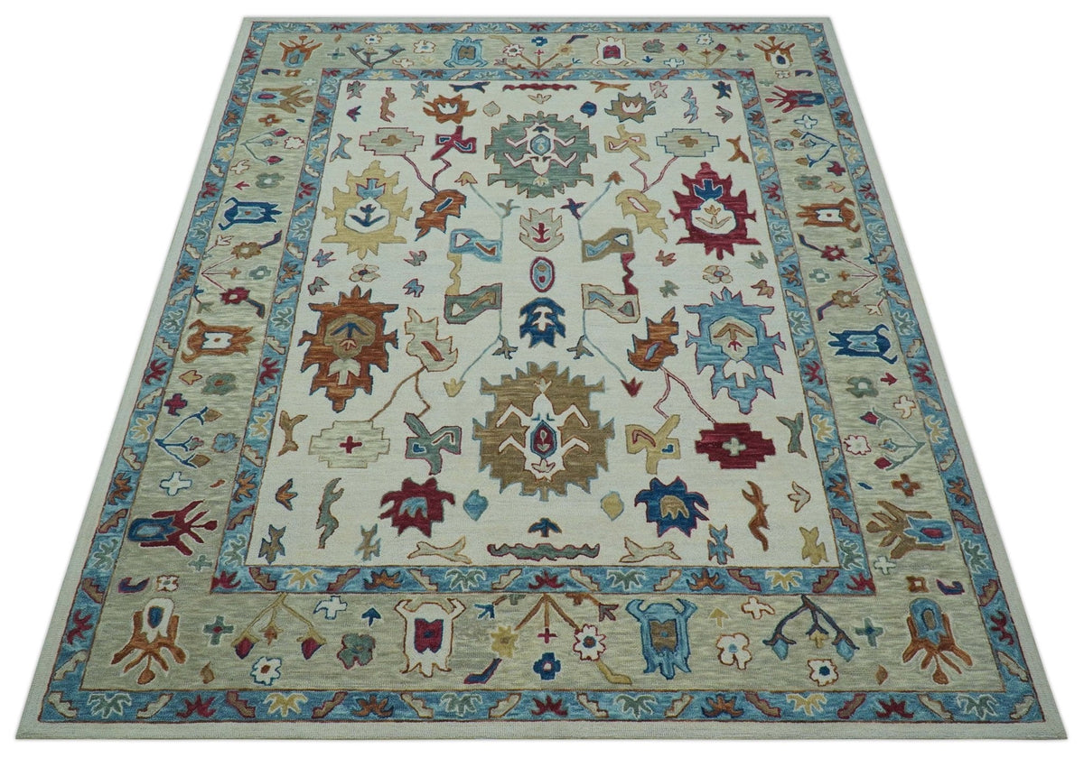 Custom Made Traditional Oushak Blue And Beige Hand Tufted Wool Rug.