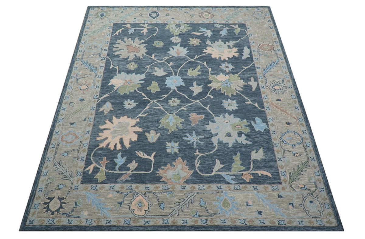Custom Made Traditional Oushak Charcoal And Beige Hand Tufted Wool Area Rug.