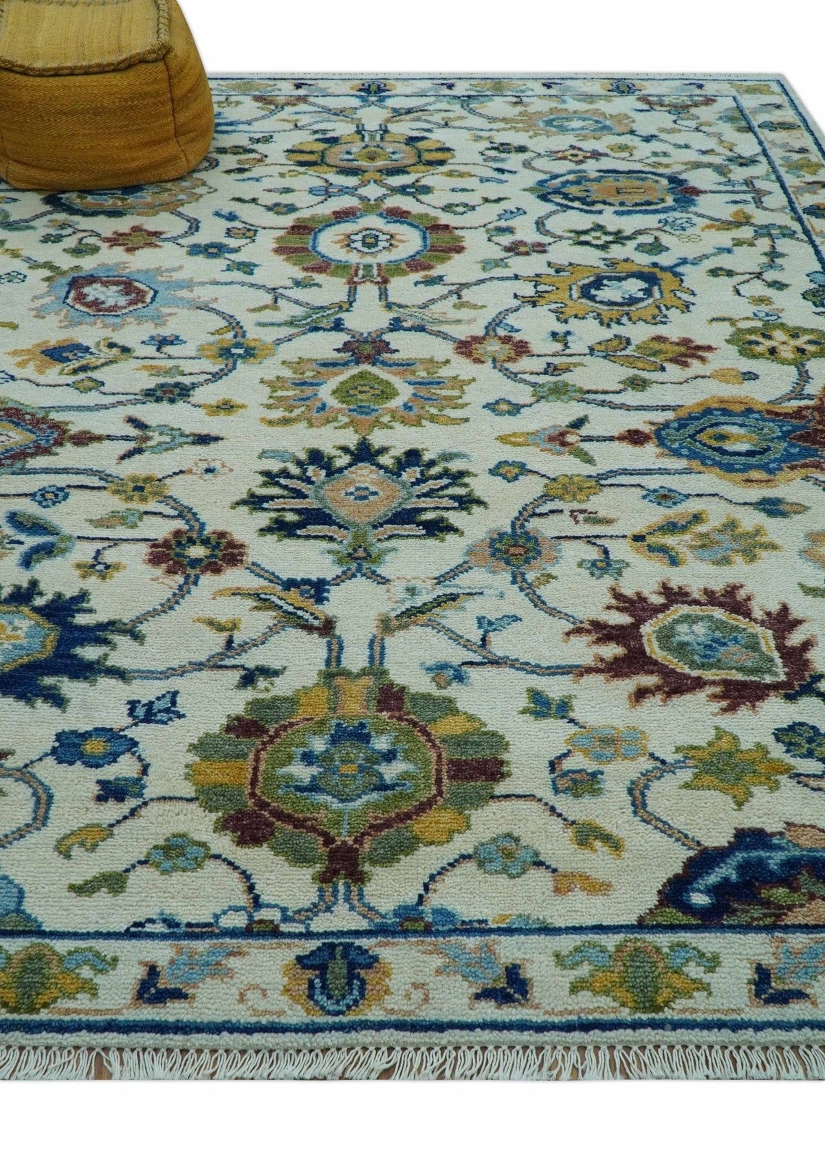 Custom Made Traditional Oushak Design Ivory And Blue Hand Knotted Wool Area Rug.