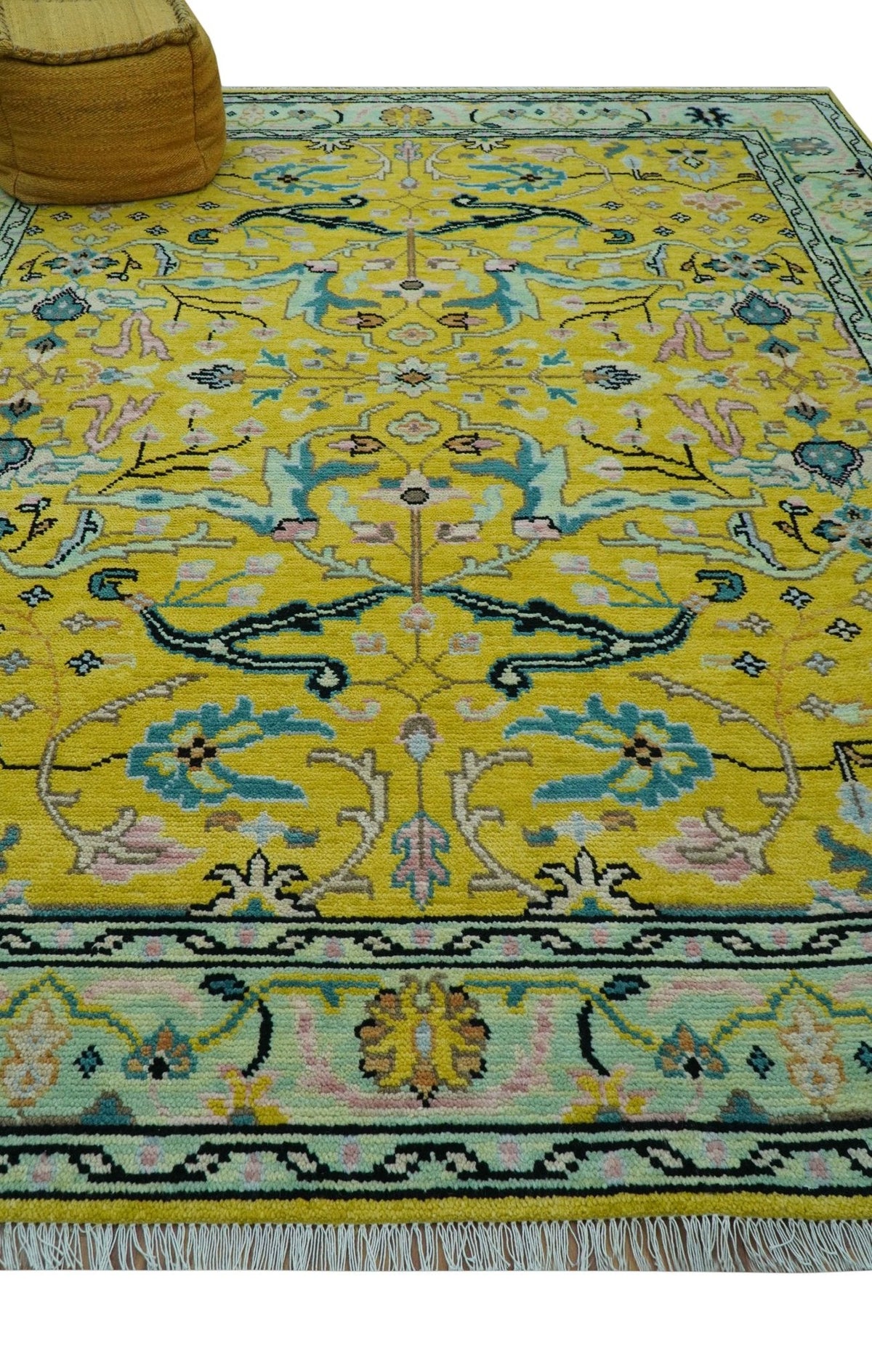 Custom Made Traditional Oushak Design mustard Hand Knotted Wool Area Rug.