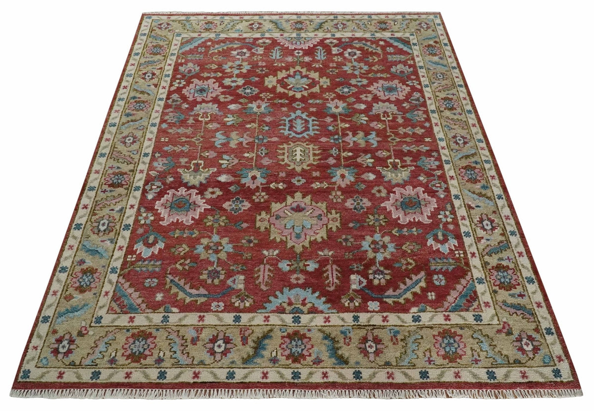 Custom Made Traditional Oushak Rust, Beige and Teal Hand knotted wool Area Rug.