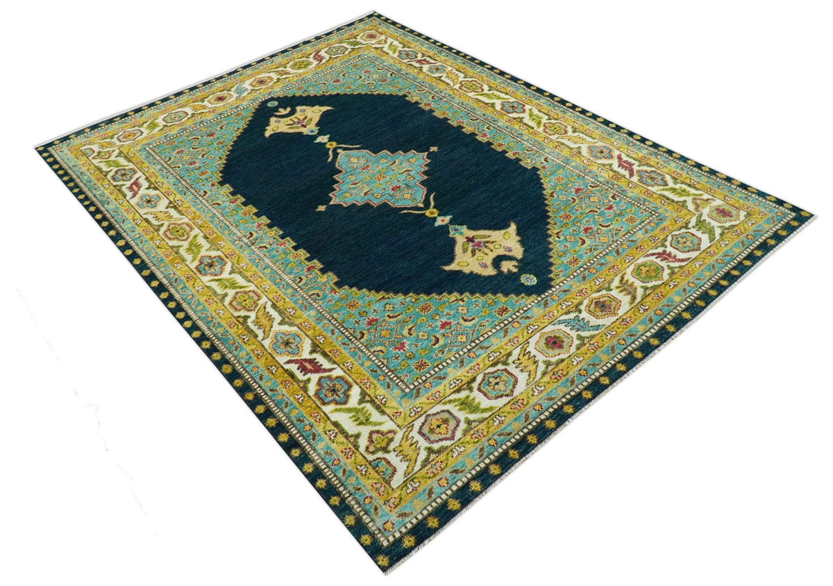 Custom Made Traditional Serapi Design Blue And Mustard Hand Knotted Wool Rug.