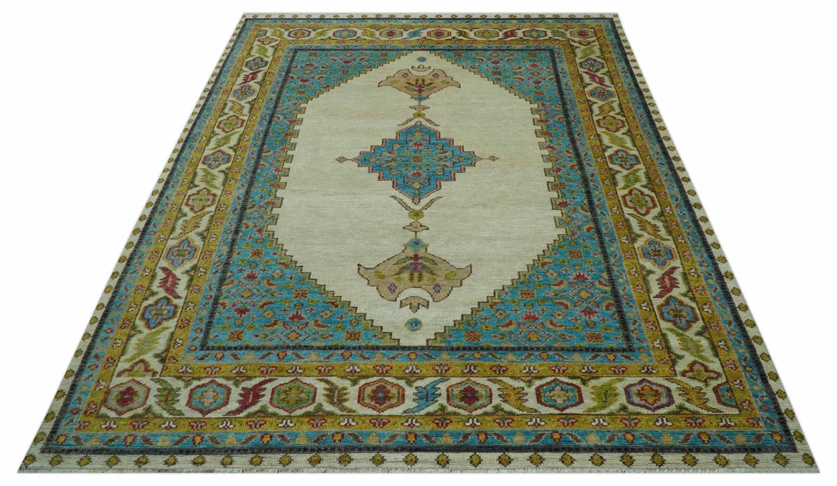 Custom Made Traditional Serapi Design Ivory And Blue Hand Knotted Wool Rug.
