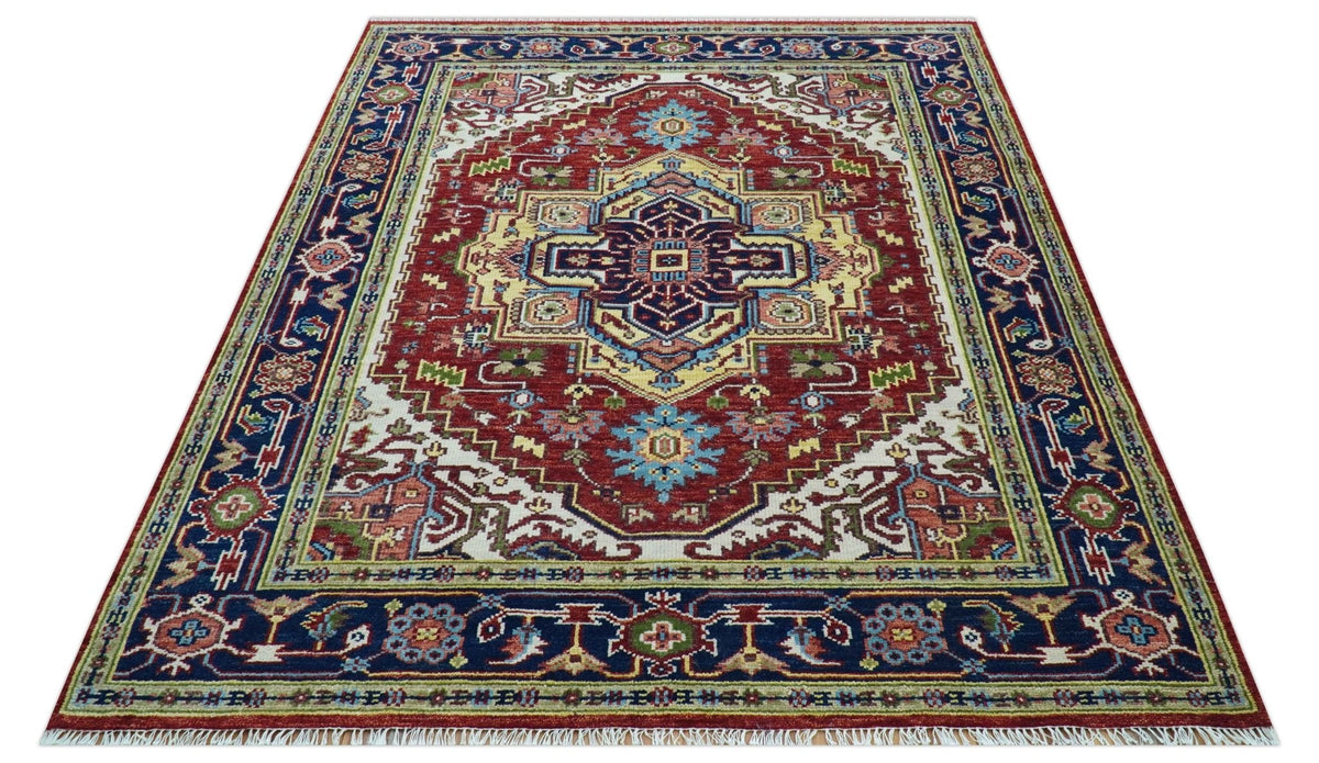 Custom Made Traditional Serapi Rust And Blue Hand Knotted wool area rug.