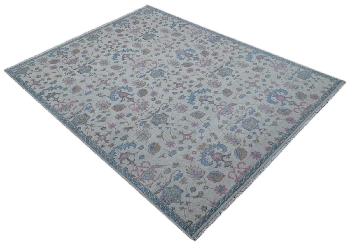 Custom Made Traditional Style Ivory And Blue Hand Knotted Wool Area Rug.