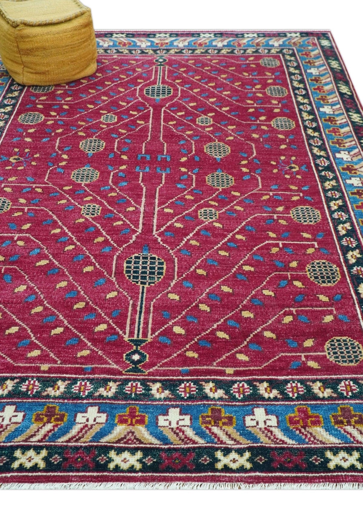 Custom Made Traditional Tribal Design Red And Blue Hand Knotted Wool Rug.