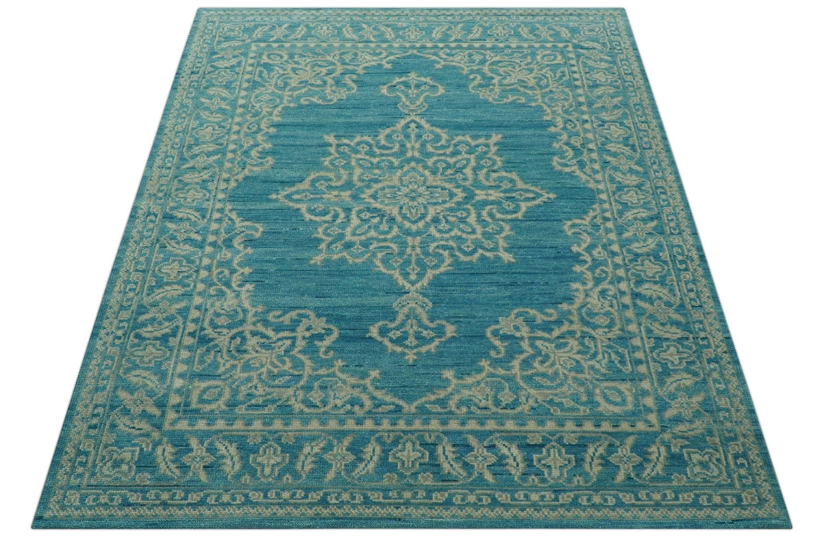 Custom Made Traditional Turkish Design Blue Hand Knotted Wool Area Rug.