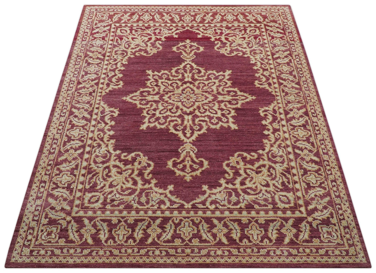 Custom Made Traditional Turkish Maroon And Beige Hand Knotted Wool Rug.