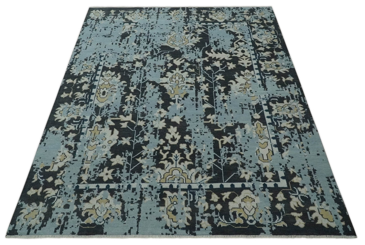Custom Made Transitional Light Blue, Ivory, Beige and Charcoal Hand knotted wool Rug.