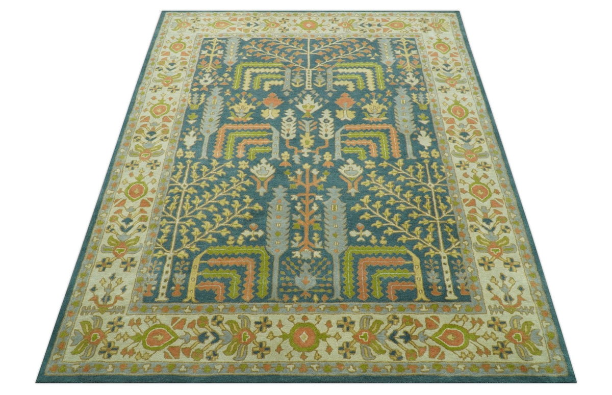 Custom Made Tree of Life Beige And Teal Floral Design Hand Tufted Wool Area Rug.