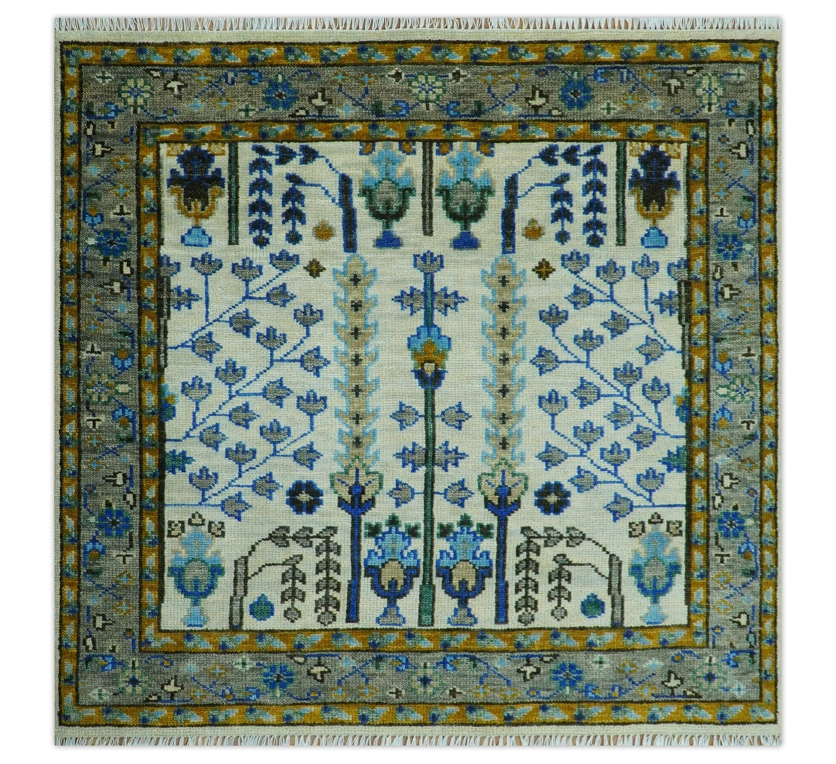 Custom Made Tree of life Hand Knotted Antique Ivory, Blue and Gray Wool area Rug.