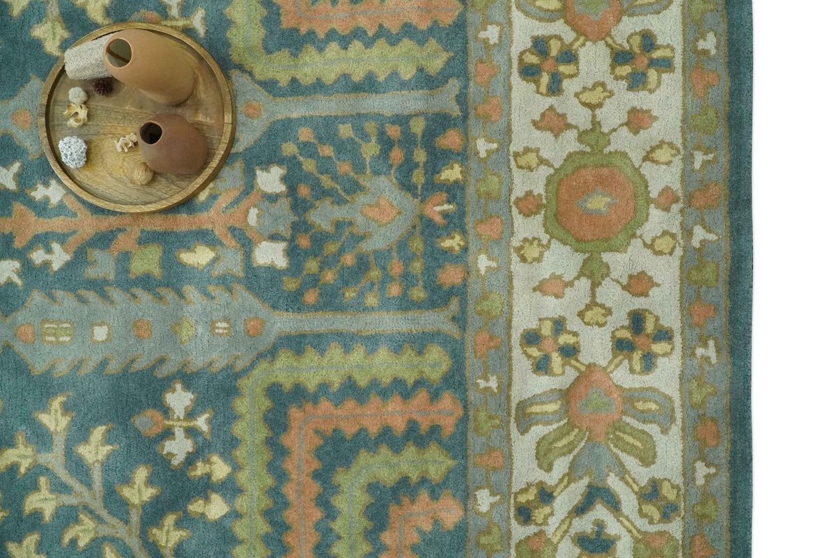 Custom Made Tree of life Traditional Teal, Silver, Green and Dark Peach wool Rug.