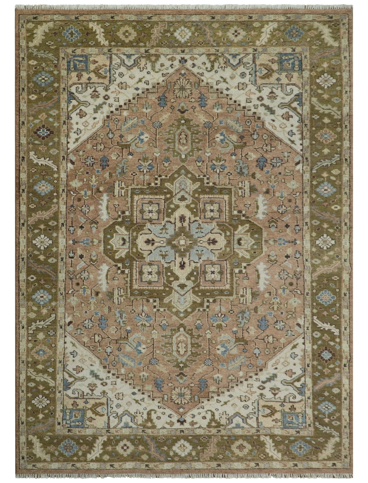 Custom Made Vintage Style Olive, Rust and Ivory Hand knotted Traditional wool Area Rug.
