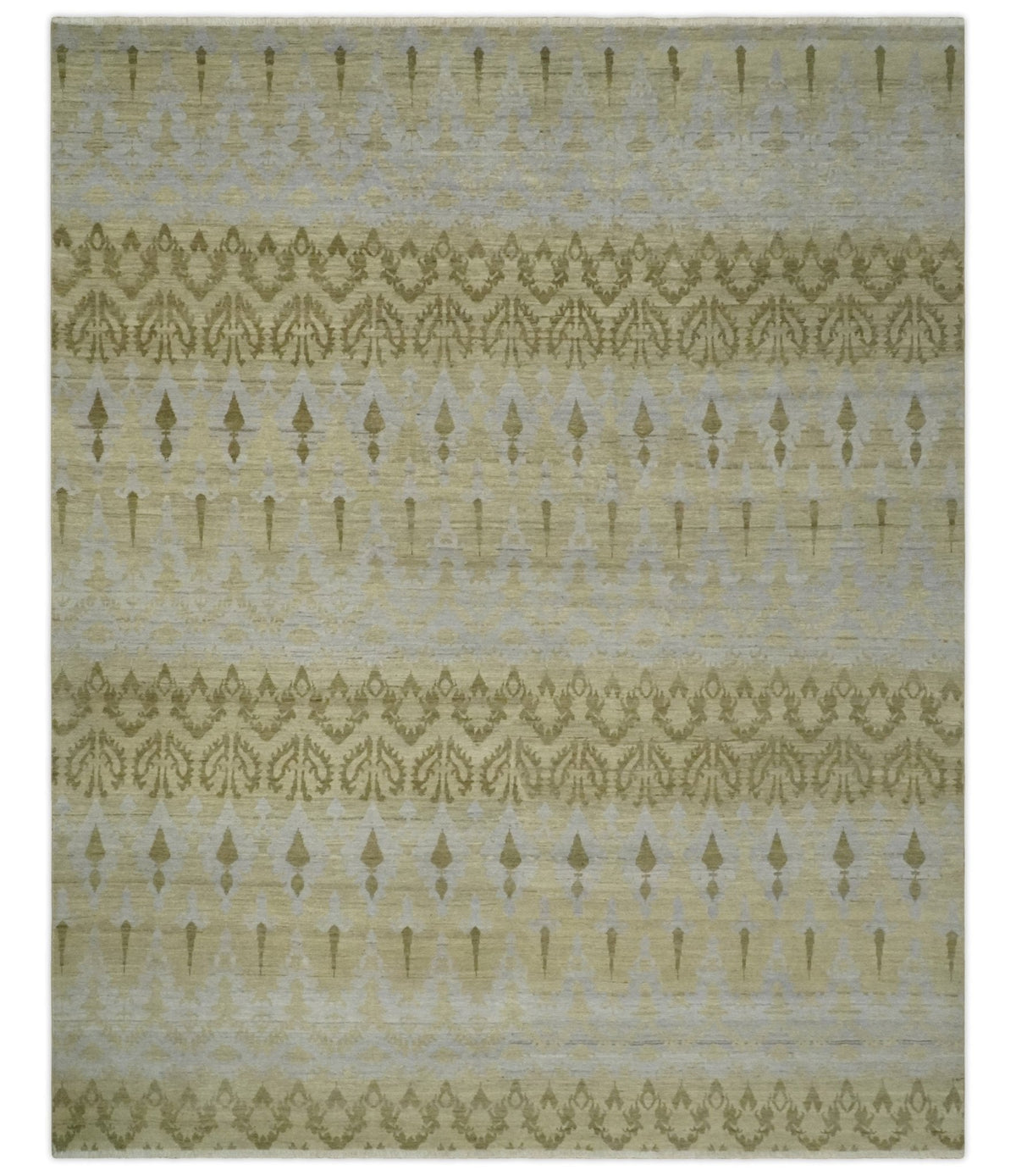 Fine Green 8x10 Hand Knotted Beige, Olive and Silver Traditional Wool Rug.