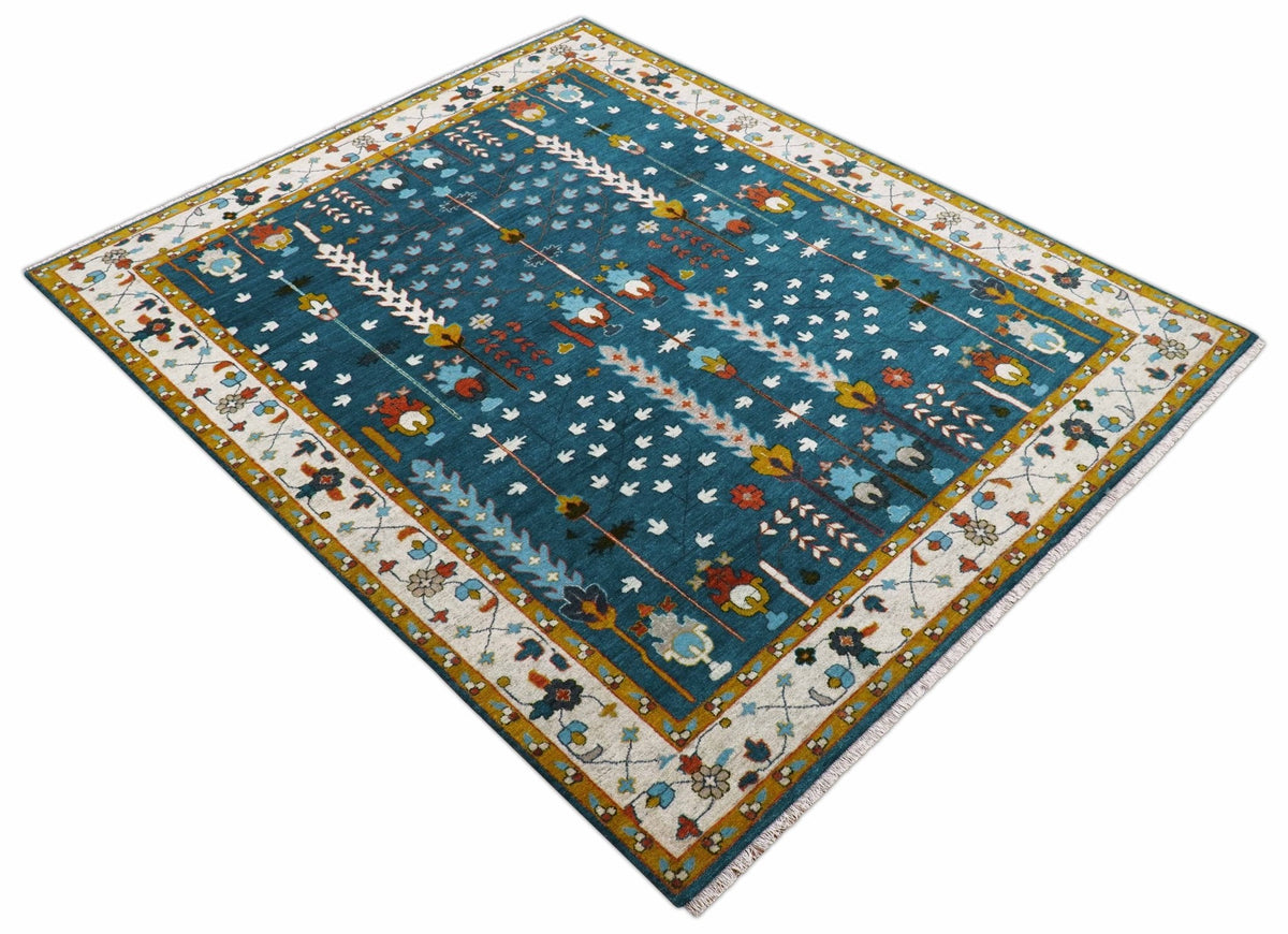 Fine Teal And Ivory Traditional Tree of life Hand Knotted Wool Rug.