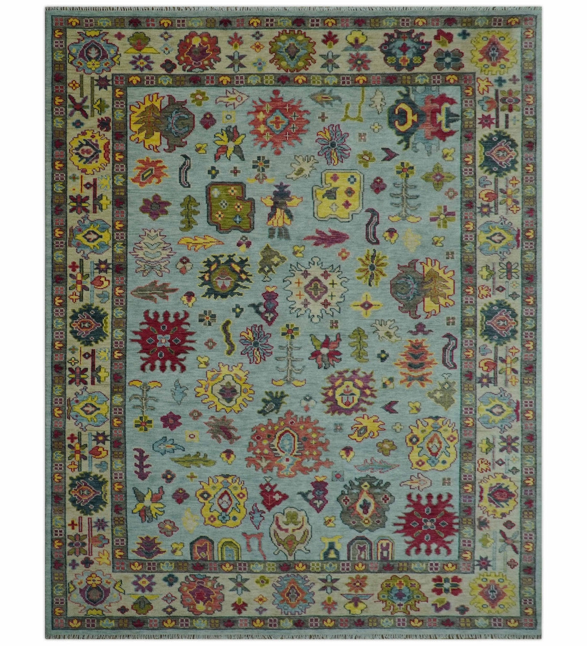 Fine Traditional Ivory and Blue Colorful Hand knotted Oushak Wool Area Rug.