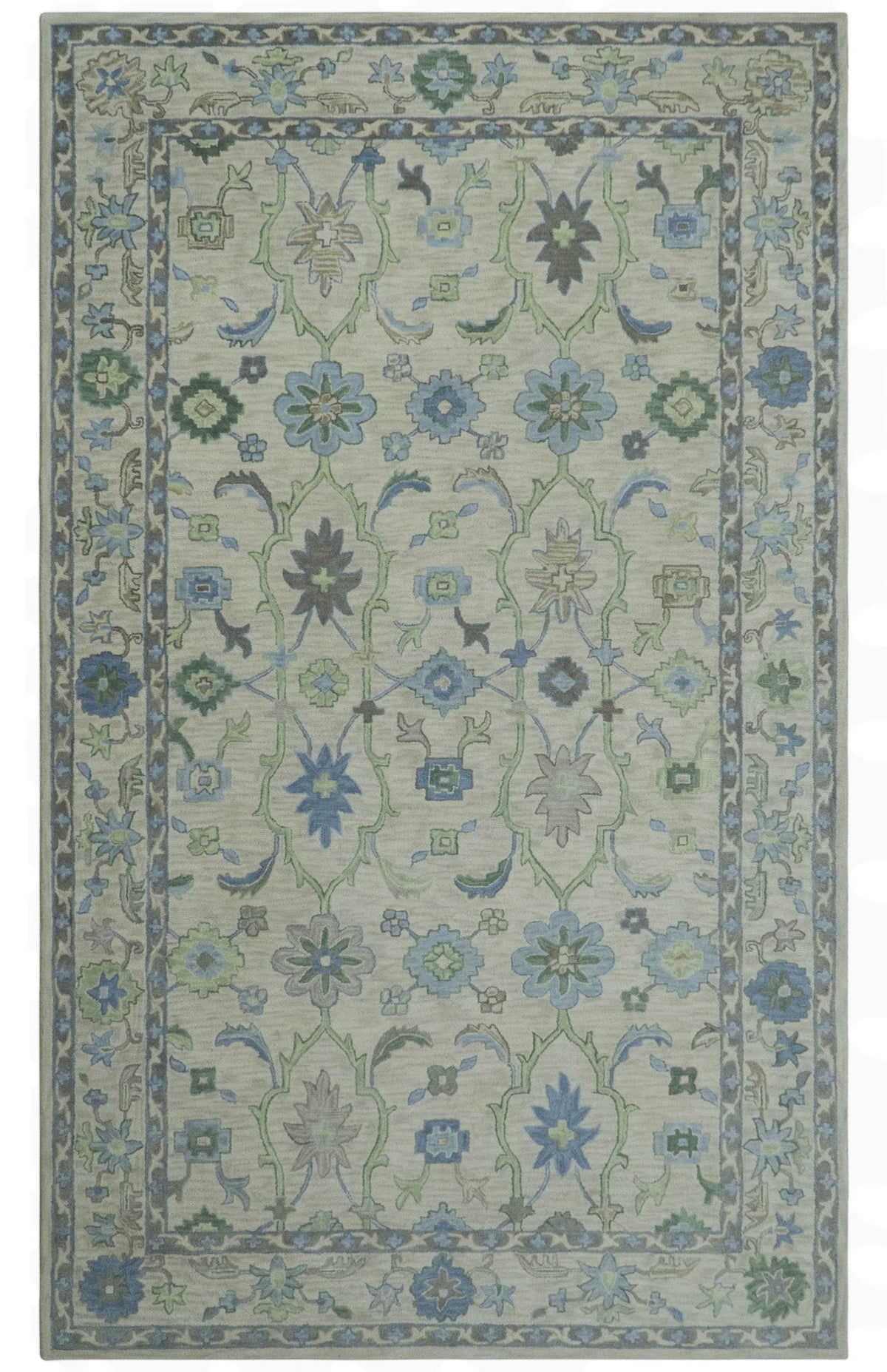 Floral Beige, Gray, Blue and Green Oriental Oushak Hand Tufted Custom Made wool Area rug.
