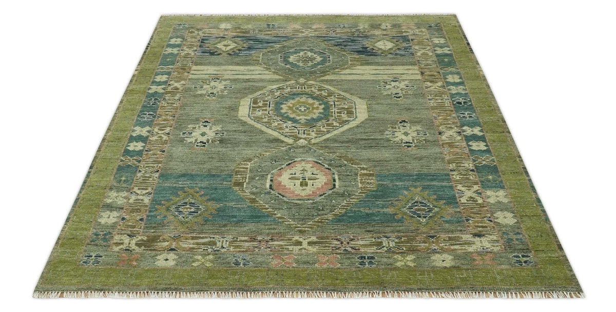Green and Teal Traditional Hand Knotted Custom Made wool area rug.