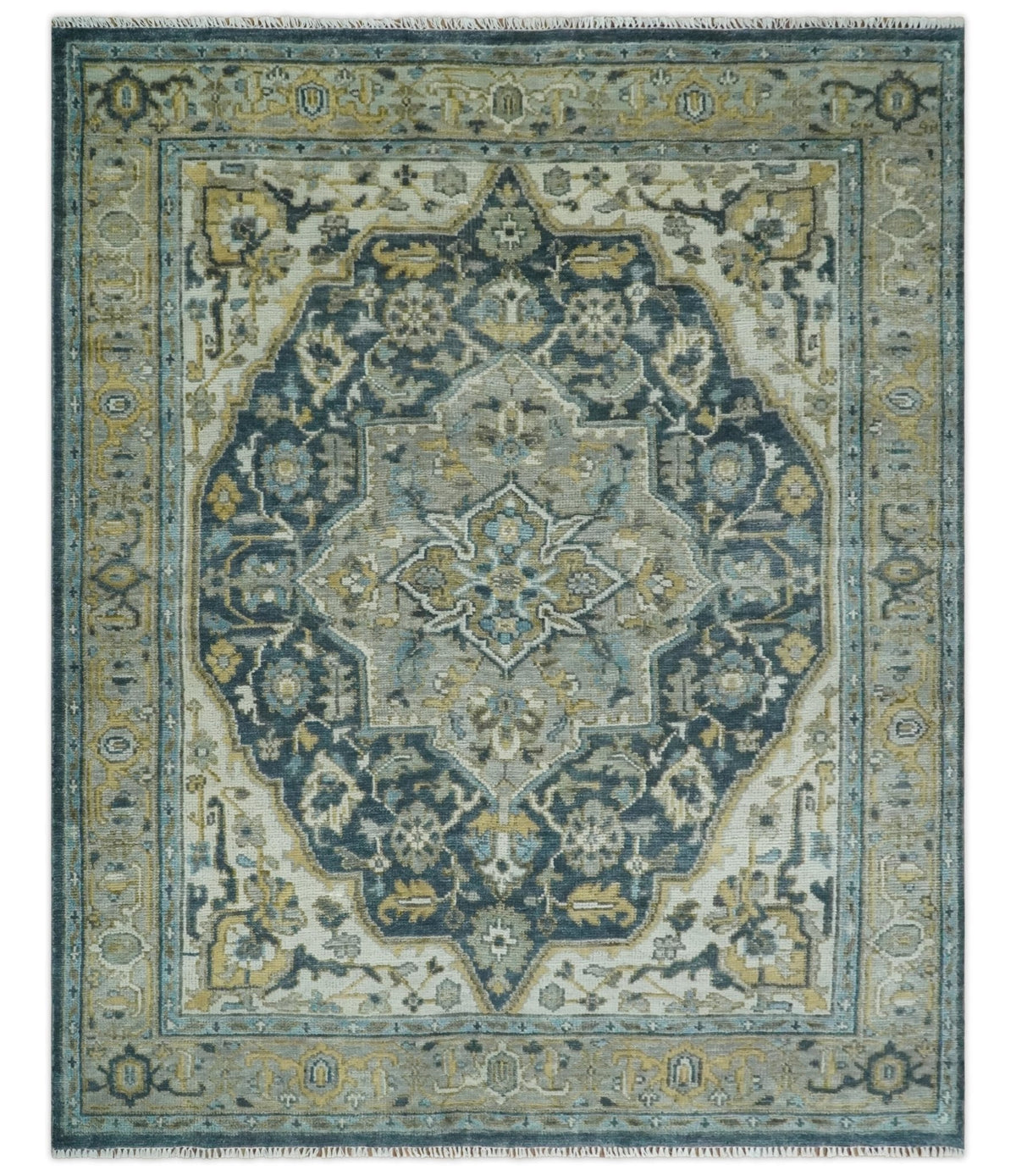 Ivory, Teal, and silver Hand Knotted Traditional Medallion Multi size wool Area Rug.
