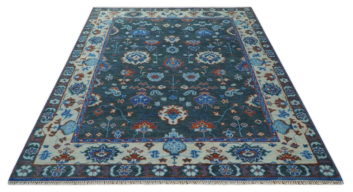 Hand Knotted Teal, Blue and Ivory Traditional Oriental Oushak Wool Area Rug.