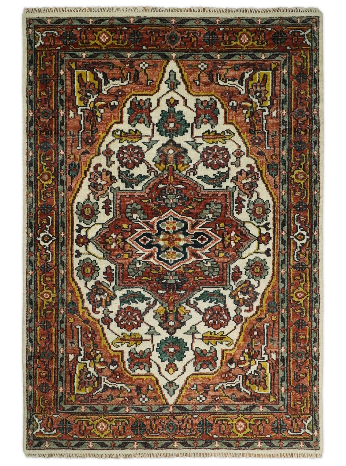 Rust And Ivory Traditional Medallion Hand Knotted Wool Area Rug.