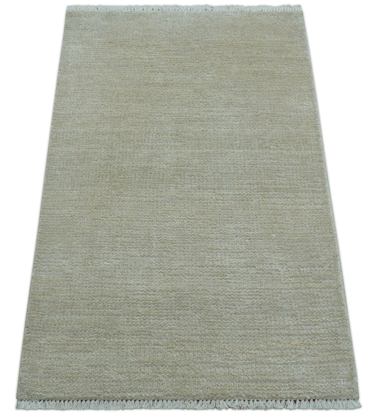 Hand Knotted Beige Modern Solid Design Wool And Silk Rug.