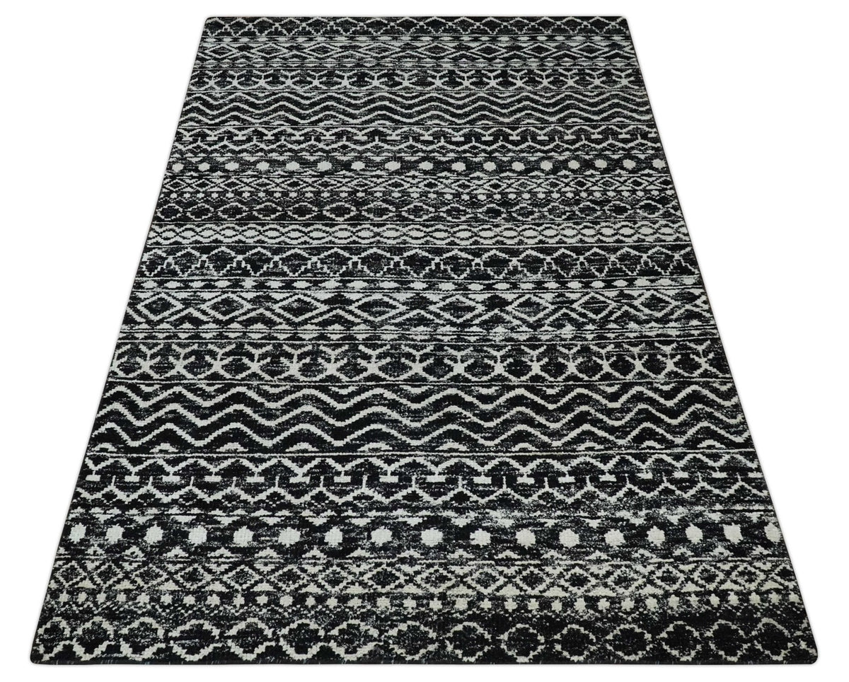 Hand Knotted Black and Ivory Modern Contemporary Tribal Trellis Recycled Silk Area Rug.