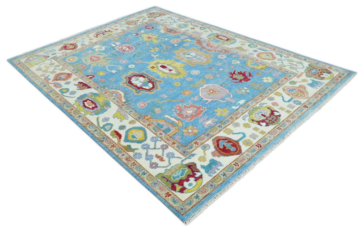 Blue and Ivory Traditional Oushak Hand Knotted Wool Area Rug.