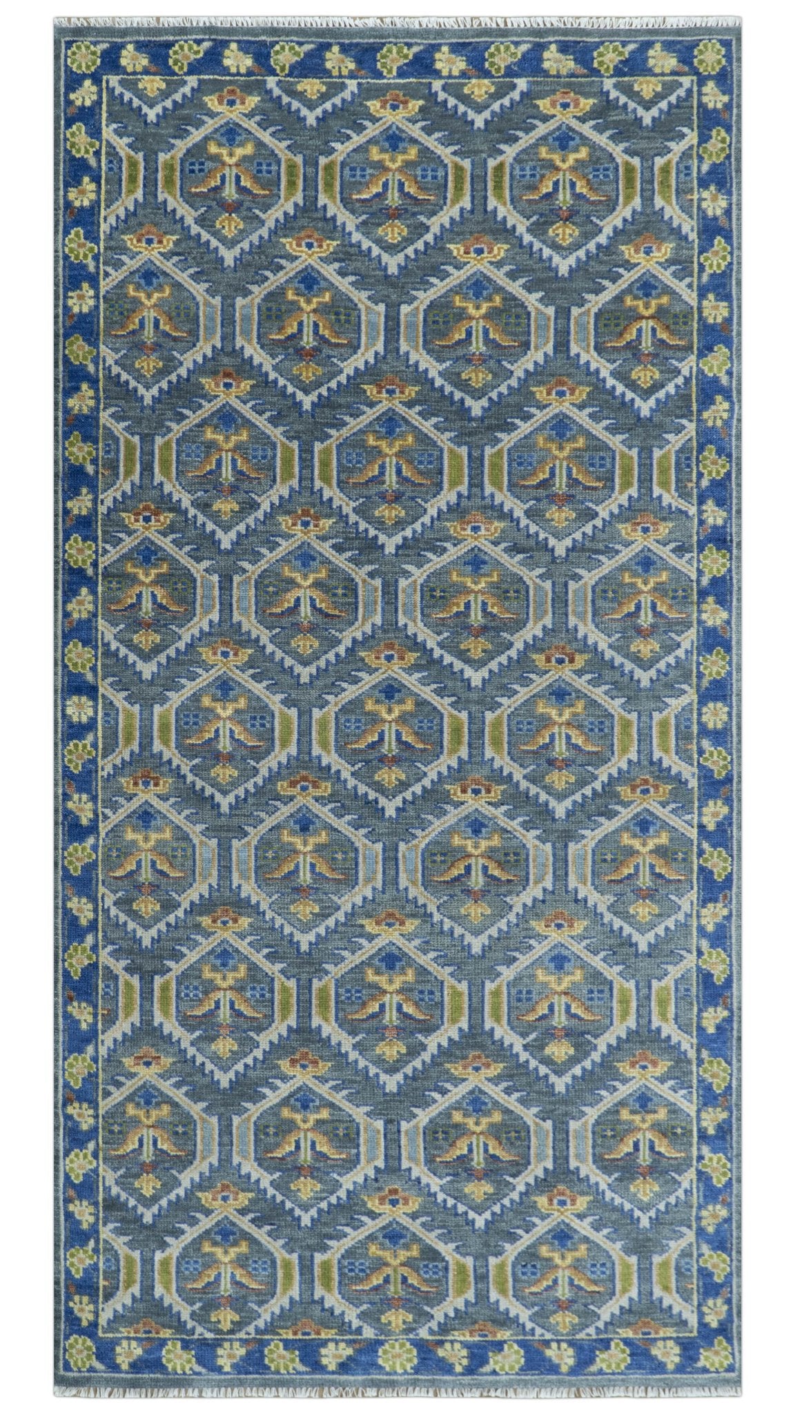 Hand Knotted Blue, Gold and Moss Green Vintage Style Custom Made wool Area Rug.