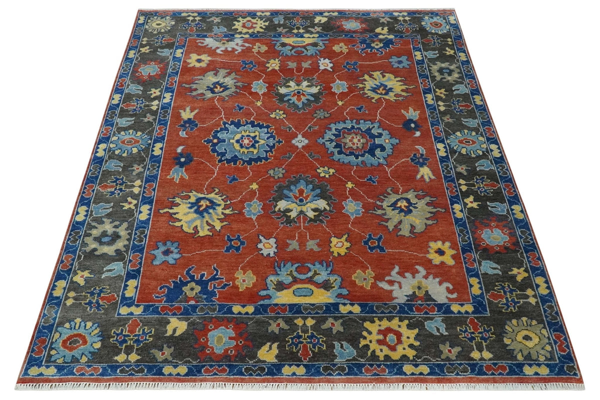 Hand Knotted Brown, Blue and Charcoal colorful Traditional Oushak Wool Area Rug.