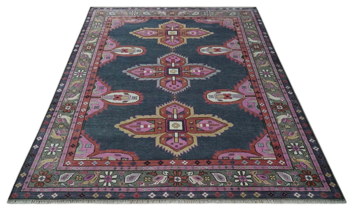 Hand Knotted Charcoal, Silver and Pink Traditional Custom Made Wool Area Rug.