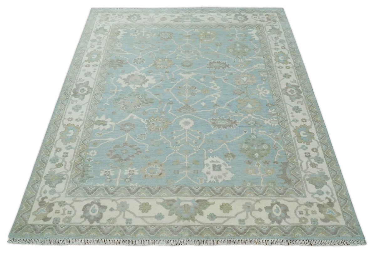 Hand Knotted Custom Made Oriental Oushak Aqua, Ivory and Beige Wool Area Rug.