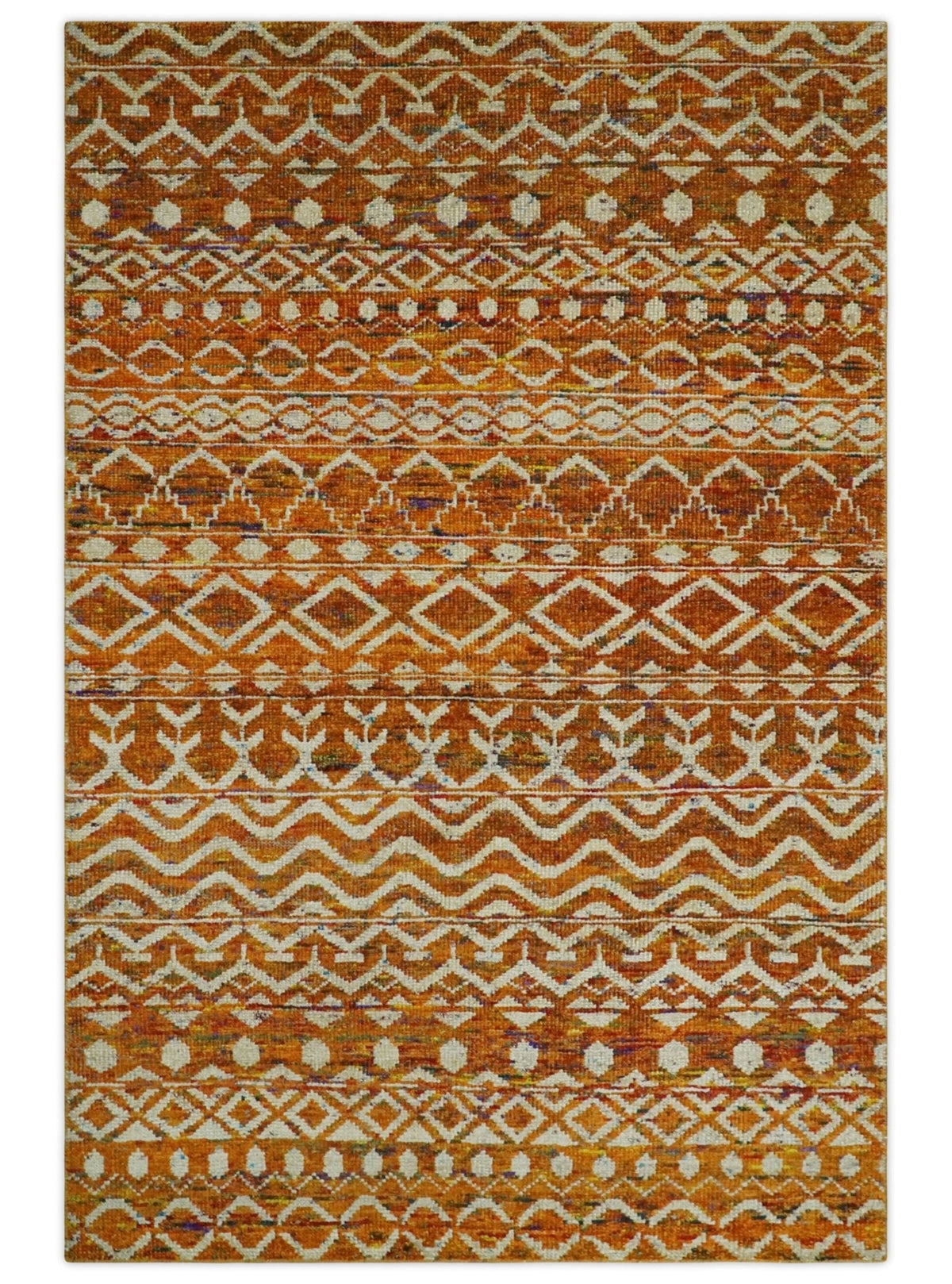 Hand Knotted Gold, Rust and Ivory Modern Contemporary Tribal Trellis Recycled Silk Area Rug.
