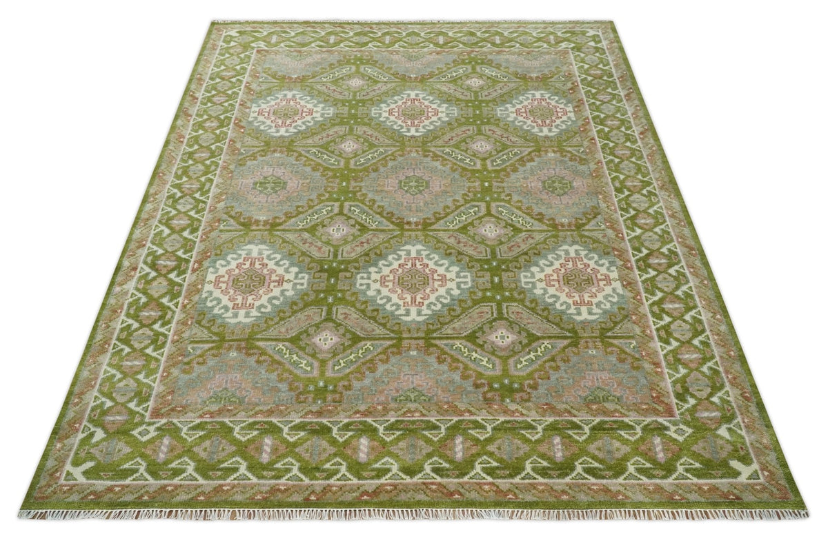 Hand Knotted Green, Ivory and Silver Oriental Traditional Multi Size Wool Area Rug.