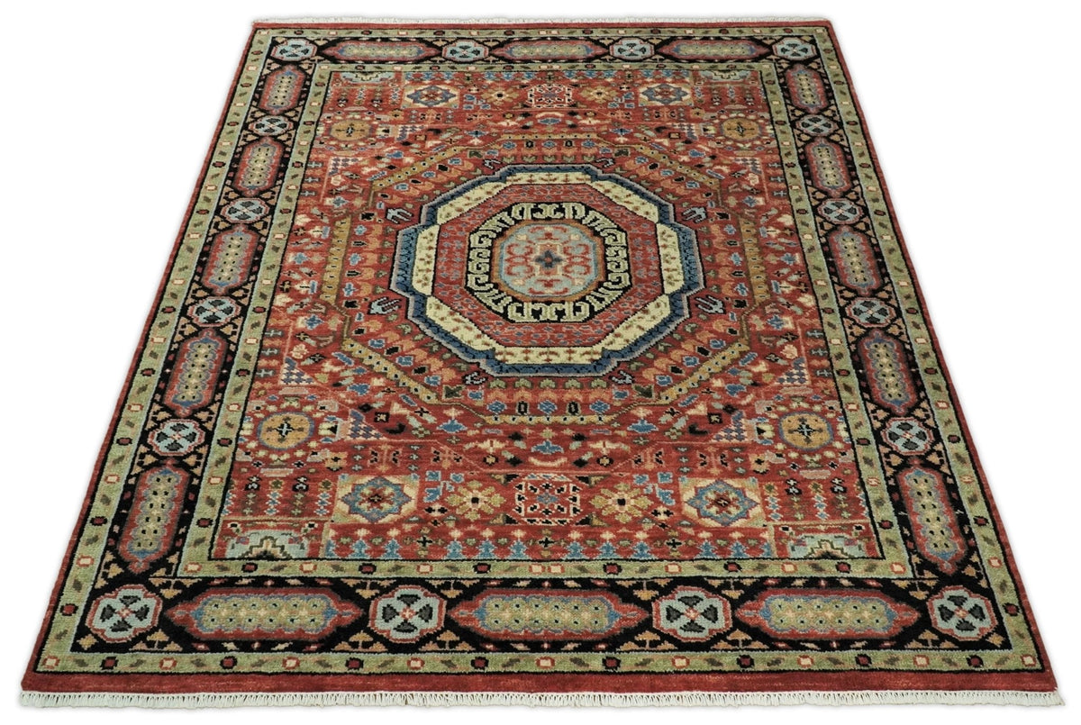 Hand Knotted Traditional Kazak Medallion Rust and Black Wool Area Rug.