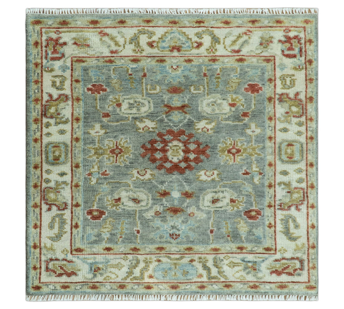 Hand Knotted Gray, Red and Beige Traditional Vintage Style Custom Made Wool Area Rug.