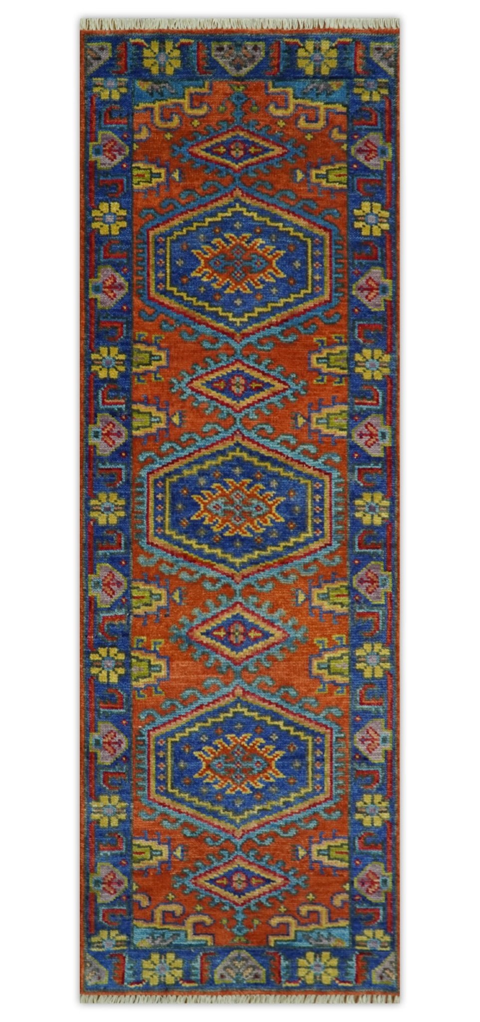 Hand Knotted Rust And Blue Traditional Multi Size Antique Wool Area Rug.