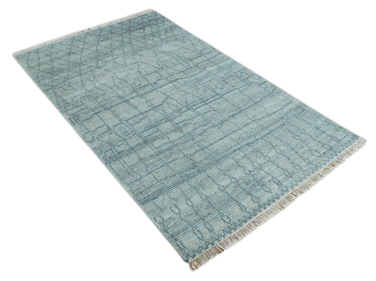 Hand Knotted Silver and Blue Modern Trellis Moroccan Blended Wool Rug.