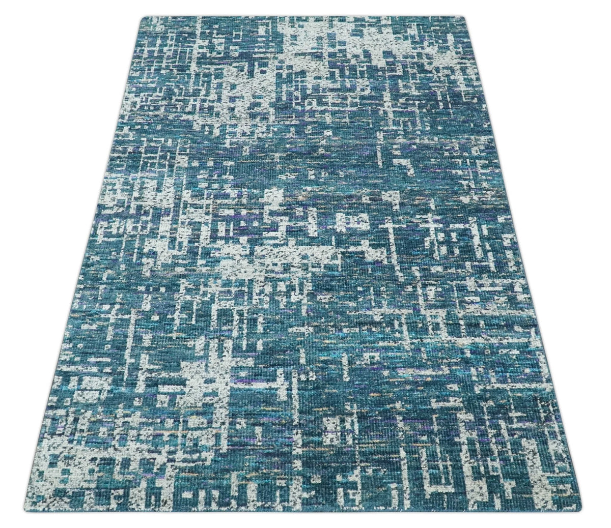 Hand Knotted Teal and Ivory Modern Abstract Contemporary Recycled Silk Area Rug.