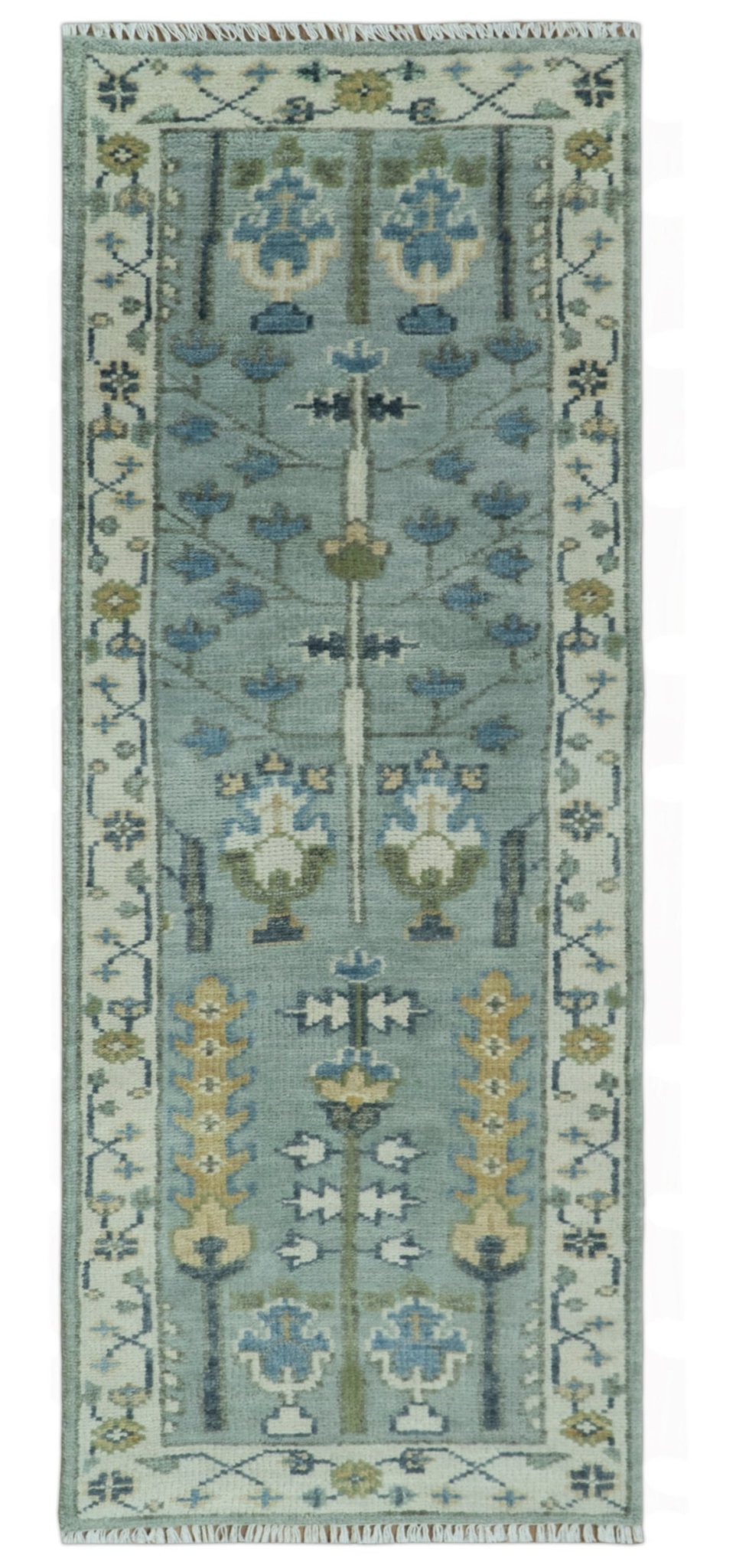 Hand Knotted Traditional Aqua and Ivory Antique Oushak Custom Made Wool Area Rug.