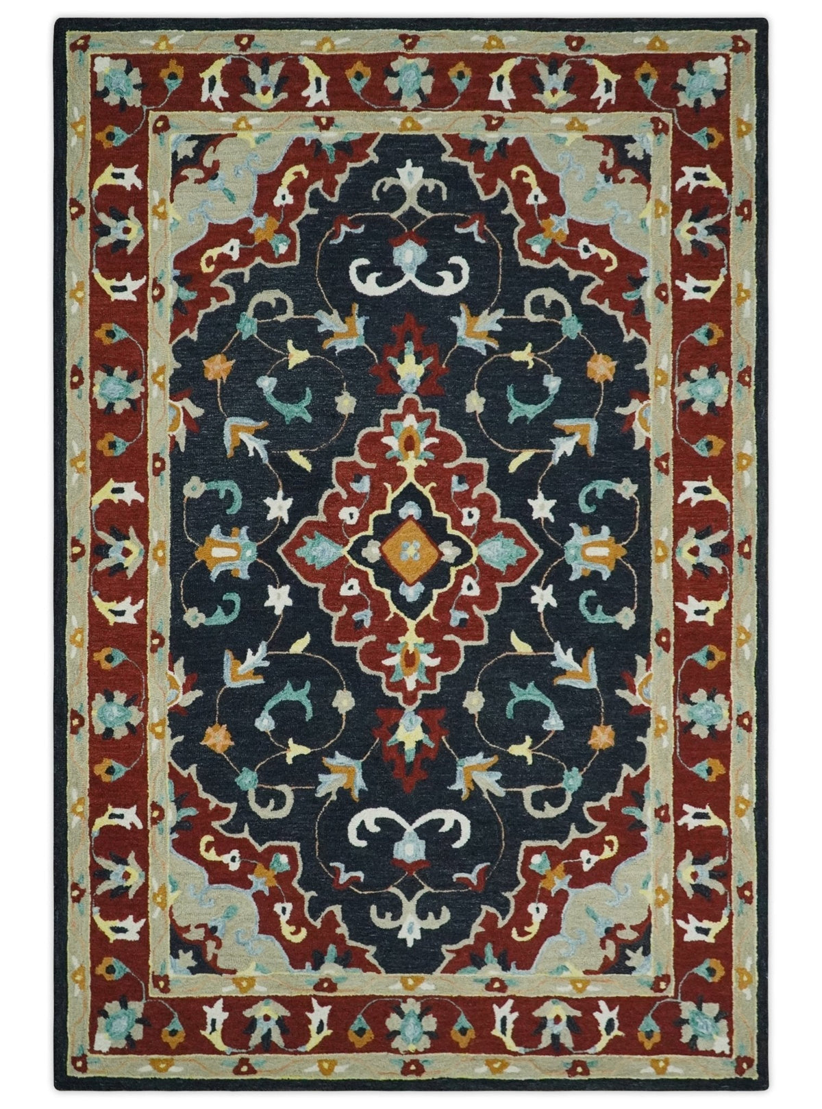 Hand Tufted Black, Rust and Beige Persian Style Wool Area Rug.