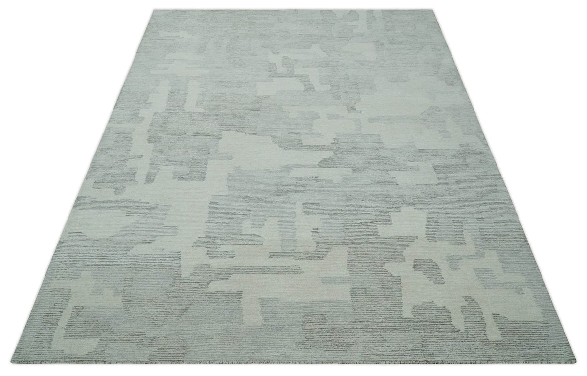 Hand Tufted Ivory, Silver and Blue Modern Abstract Custom Made wool Rug.