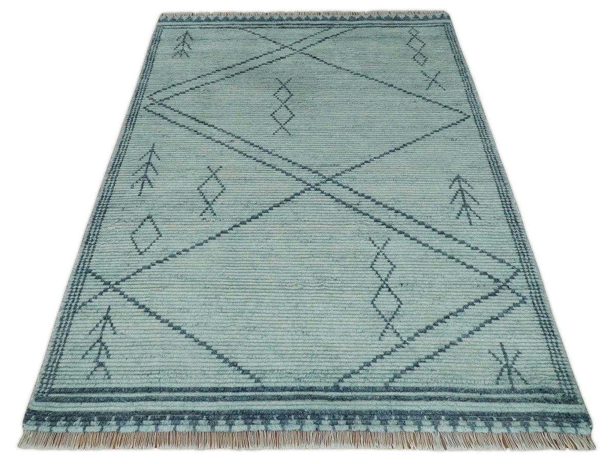 Custom Made Hand Woven Blue Abstract Trellis Moroccan Rug Made with Blended Wool.