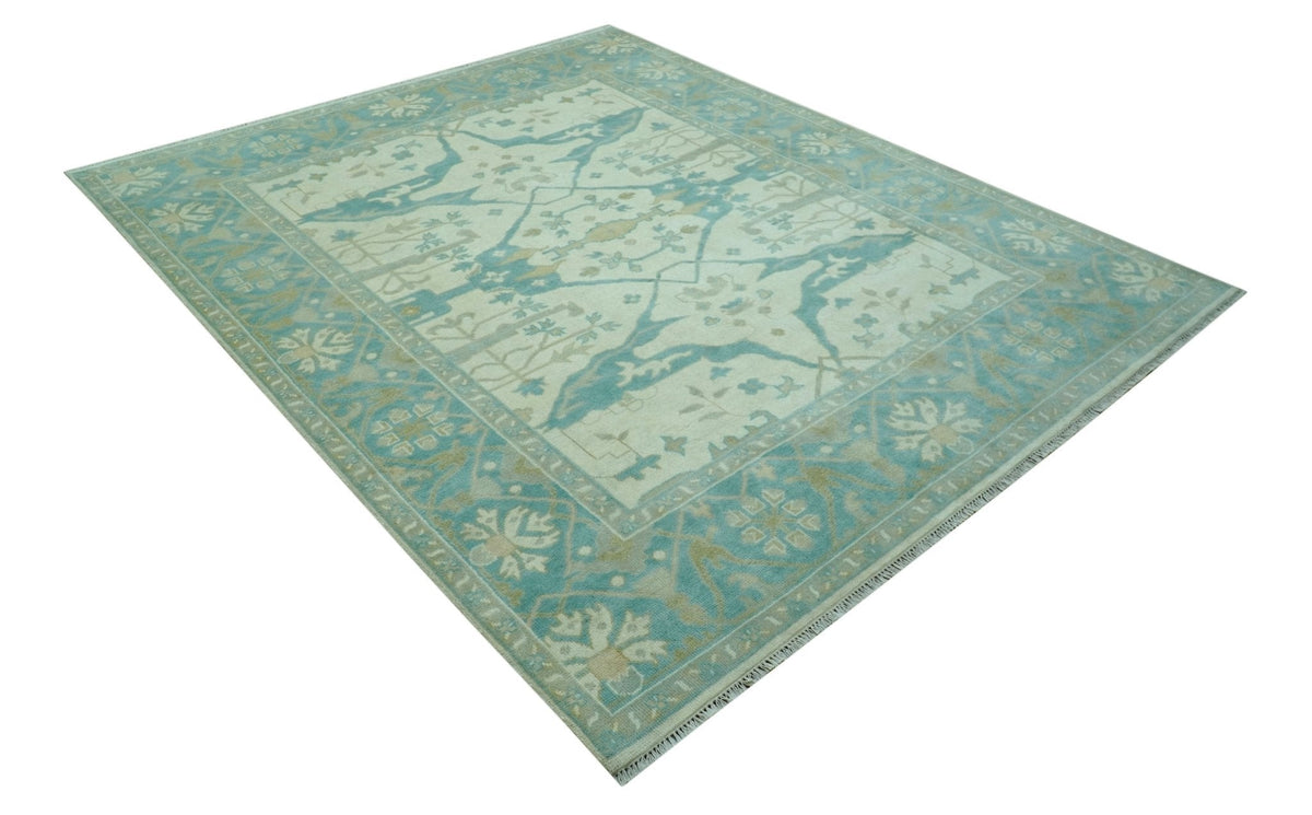Ivory and Aqua Hand Knotted Oriental Oushak Custom Made Wool Rug.