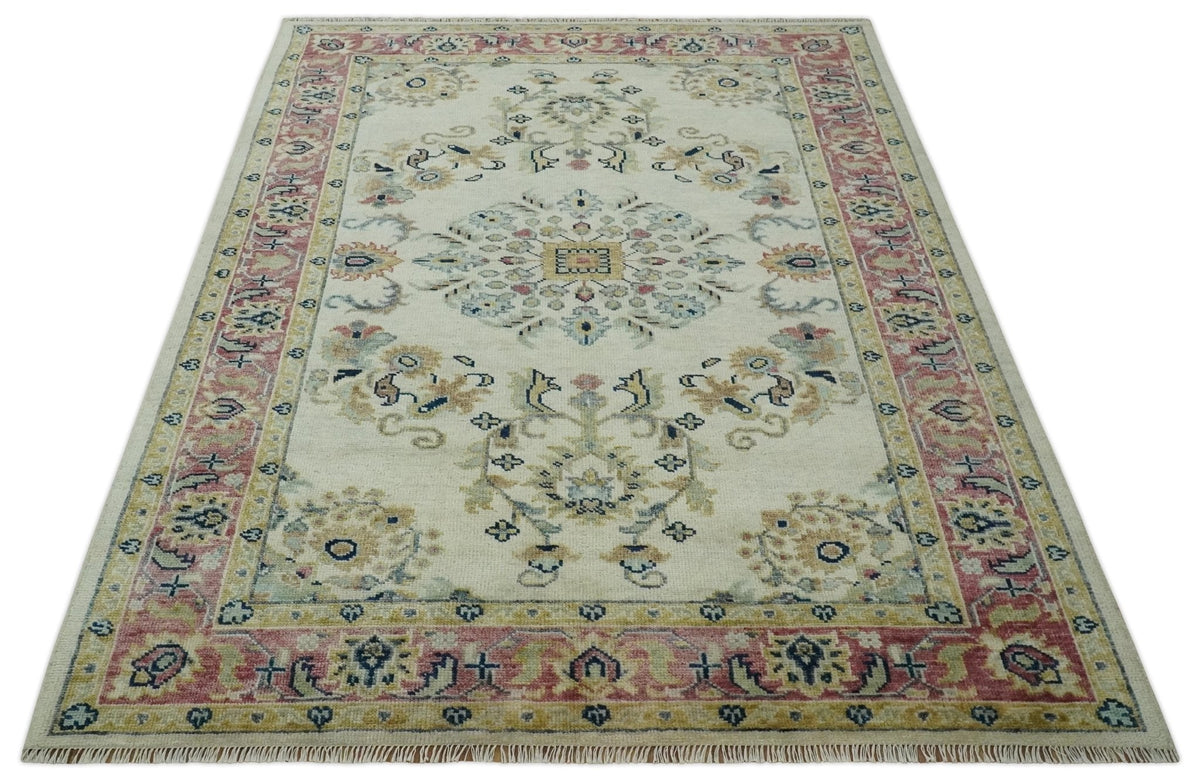 Ivory, Brown, Olive and Charcoal Traditional Heriz Medallion Custom Made Wool Area Rug.