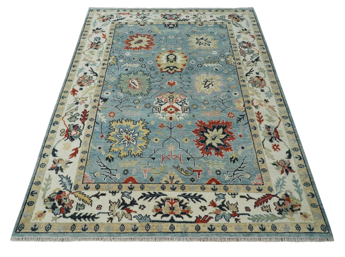 Light Blue and Ivory hand knotted Vibrant colorful Traditional Oushak Wool Area Rug.