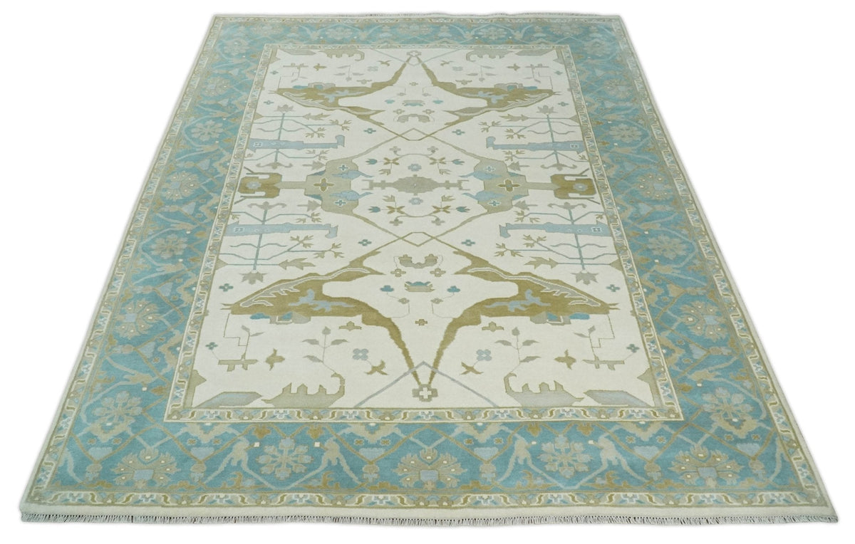 Made to Order Hand Knotted Oriental Oushak Ivory, Aqua and Beige Wool Area Rug.