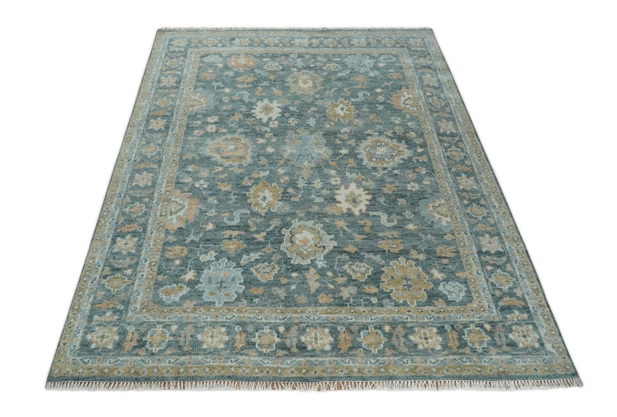 Made to Order Teal, Olive and Silver Antique Style Hand knotted Oushak wool Area Rug.
