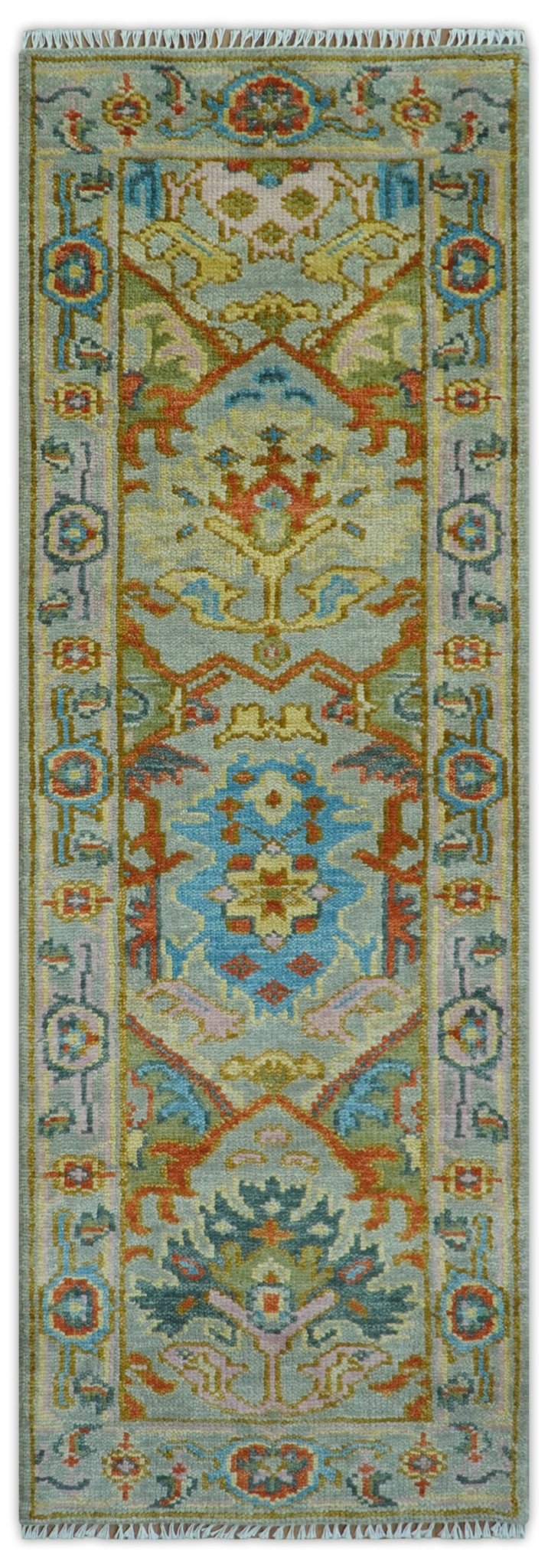 Made to Order Traditional Olive And Blue Hand Knotted Runner Wool Rug.