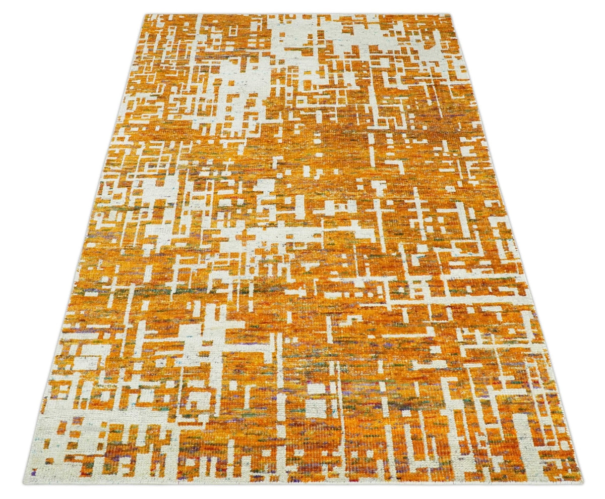 Modern Abstract 5x8 and 5.5x8.5 Gold and Ivory Recycled Art Silk Area Rug.